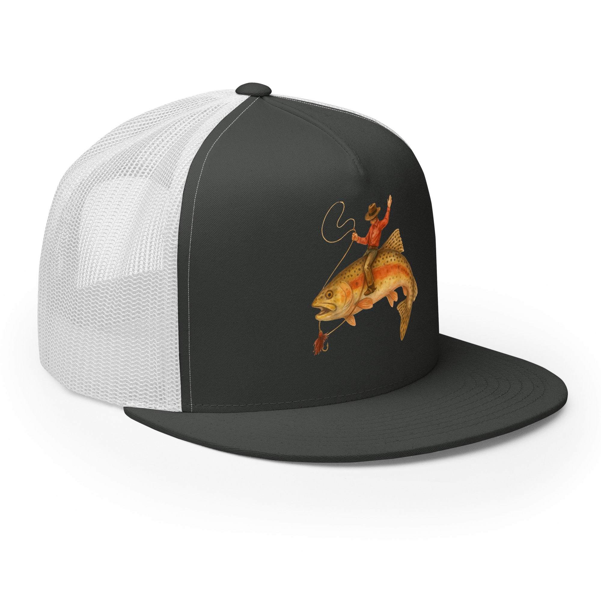 Side angle charcoal white fishing snapback cap structured flat bill