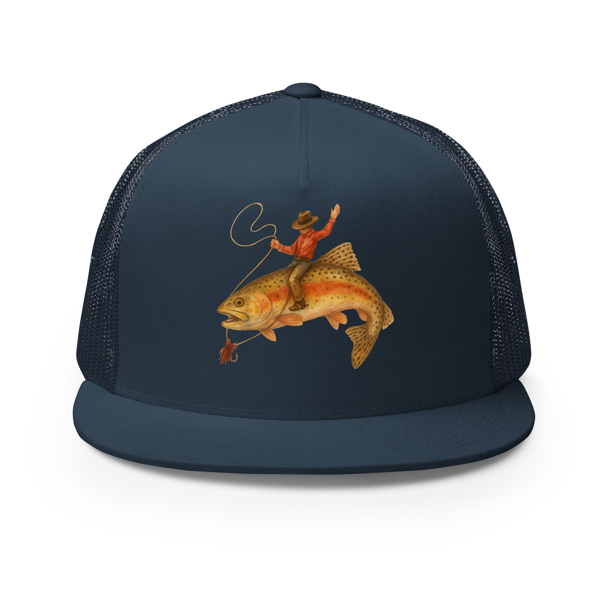 Navy flat bill fishing snapback hat with cowboy riding a giant trout print