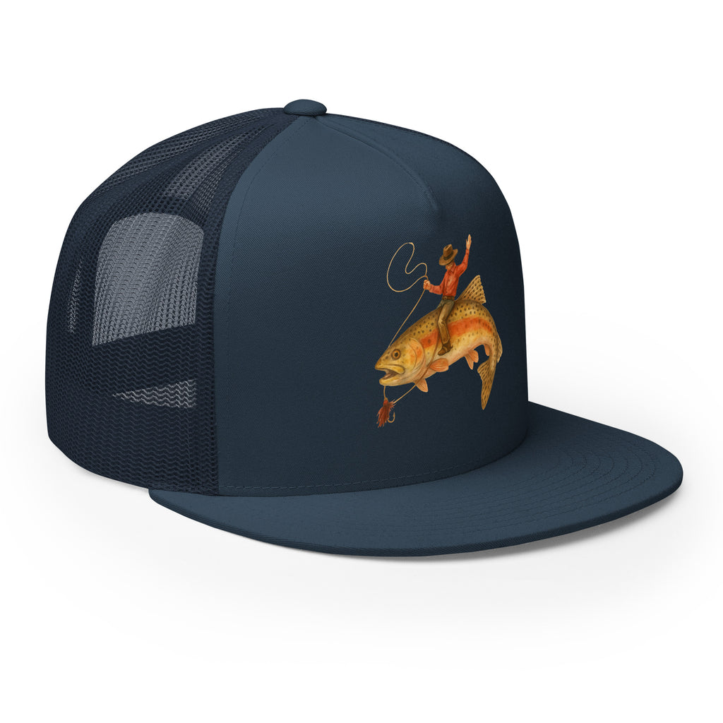 Side view navy fishing snapback cap flat bill high profile