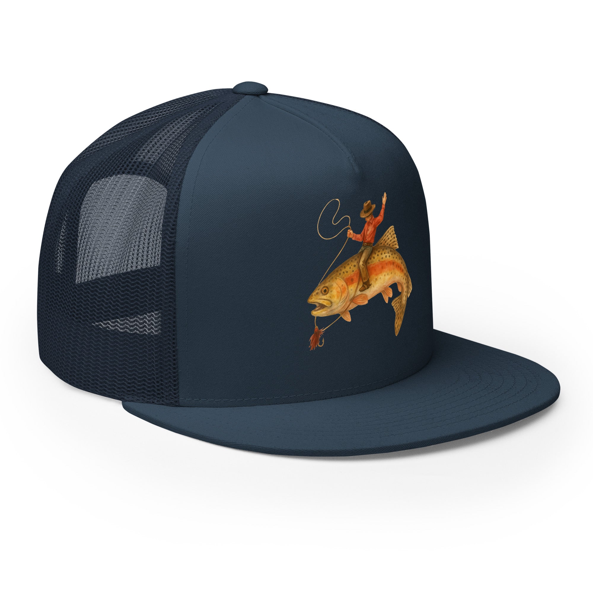 Side view navy fishing snapback cap flat bill high profile