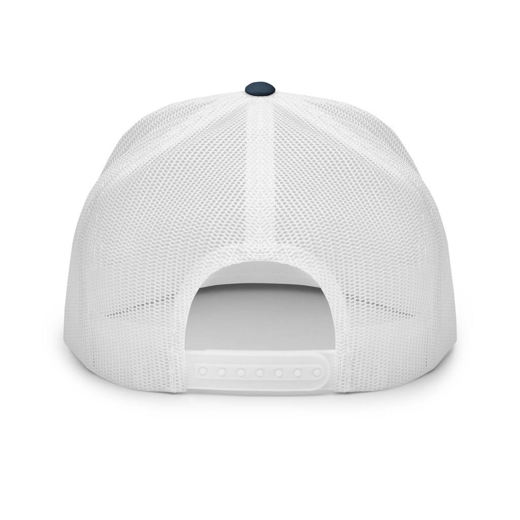 Back of navy white 5 panel fishing snapback hat with clean snapback closure