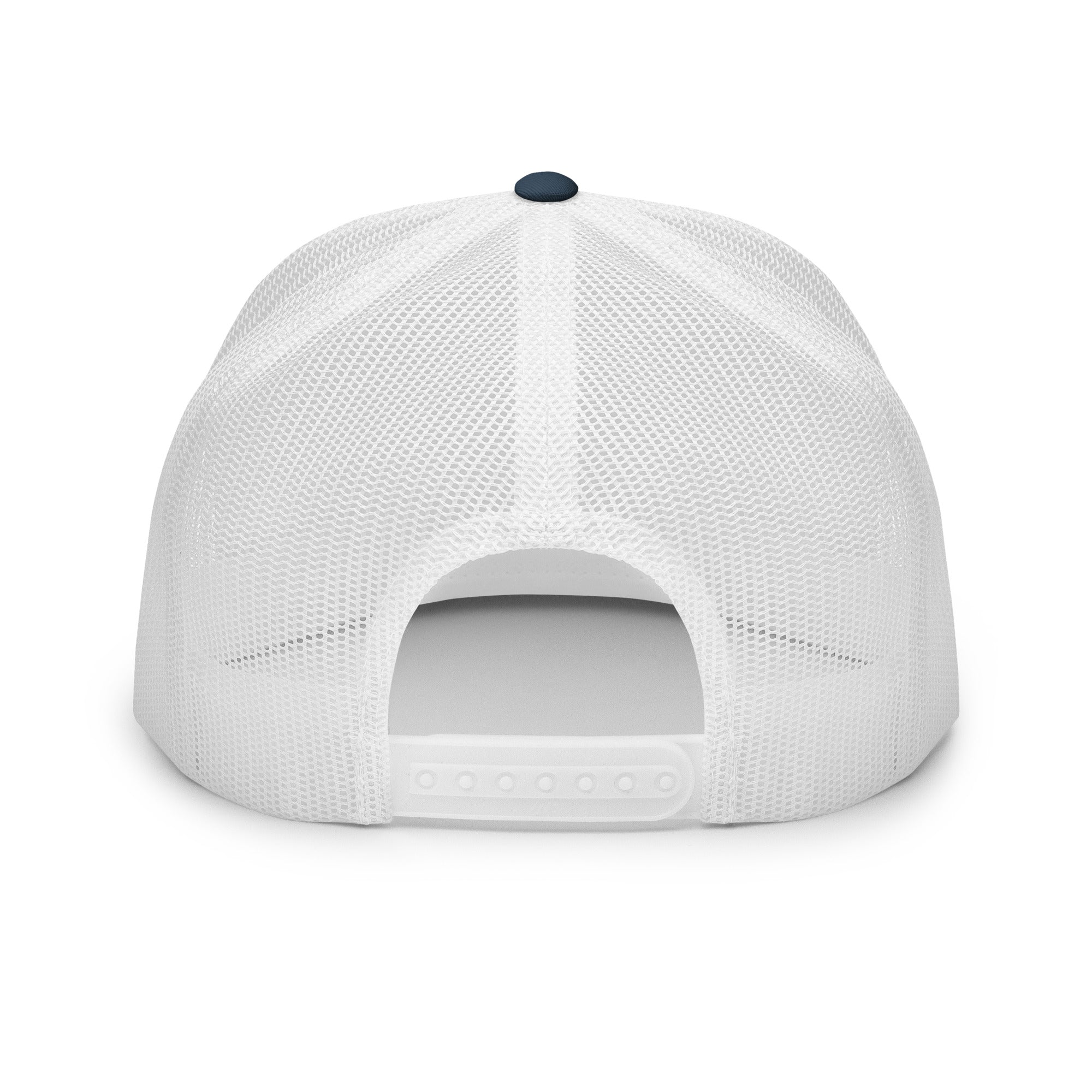 Back of navy white 5 panel fishing snapback hat with clean snapback closure
