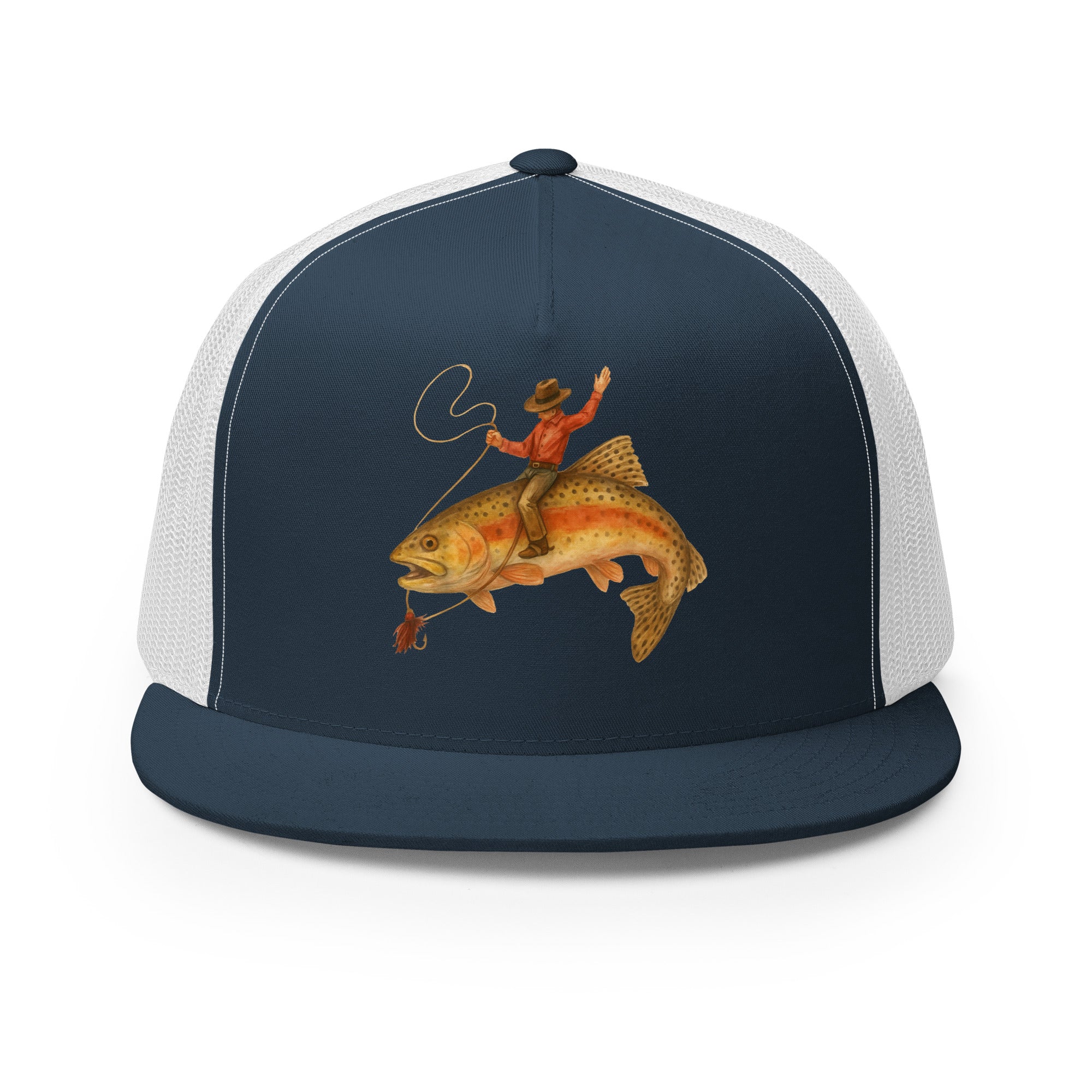 Navy and white flat bill fishing snapback hat cowboy trout rodeo design front