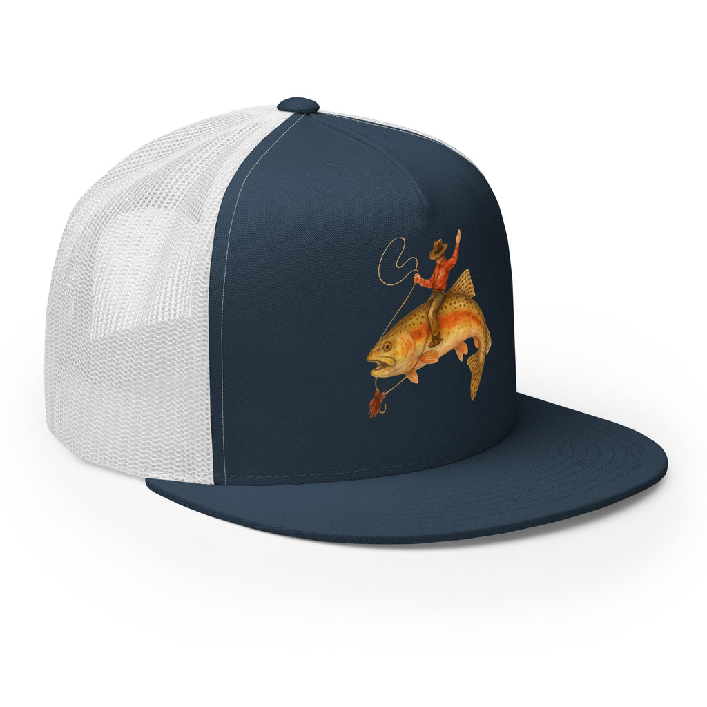 Side angle navy white fishing cap flat bill structured 5 panel
