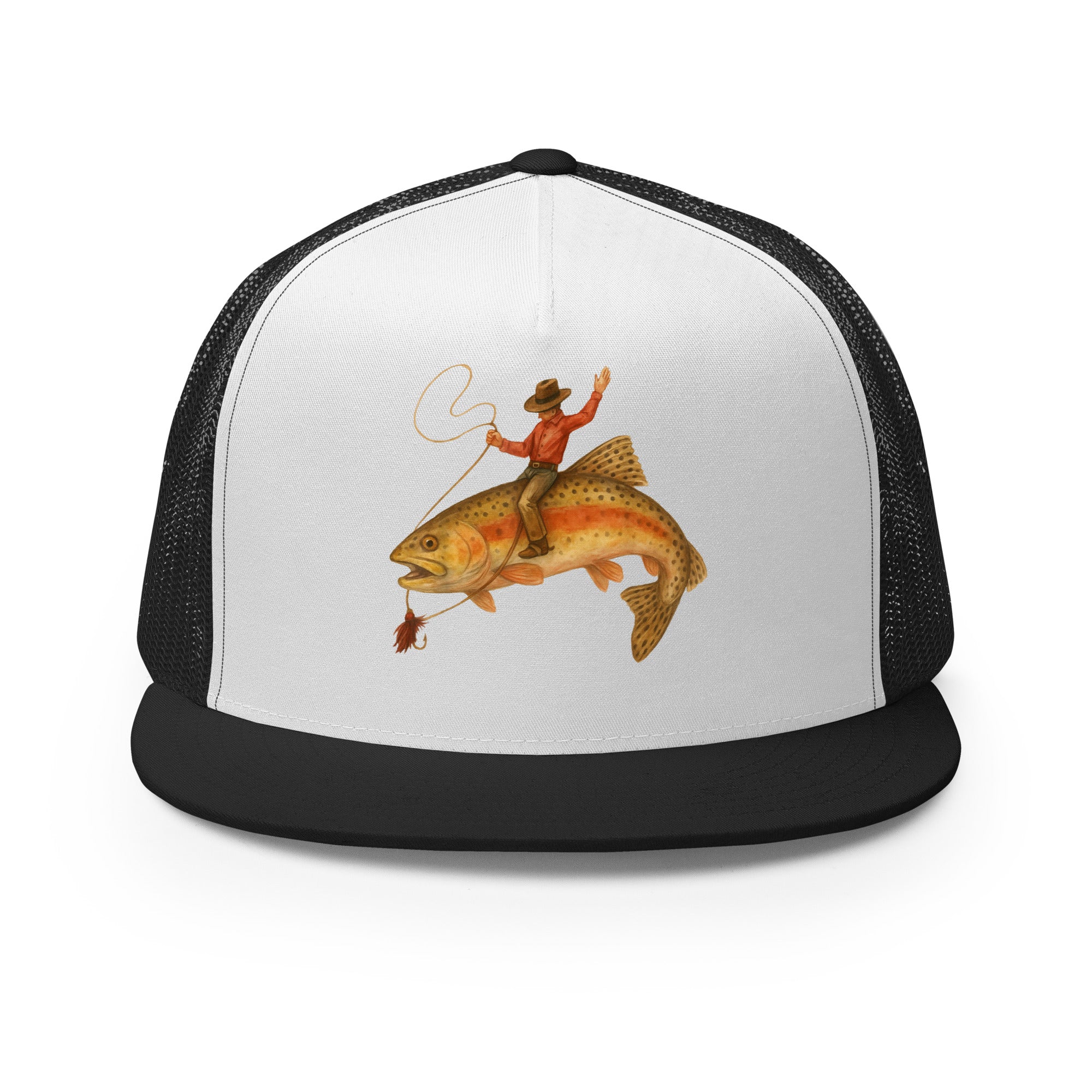 White and black flat bill fishing snapback hat with cowboy riding a trout print