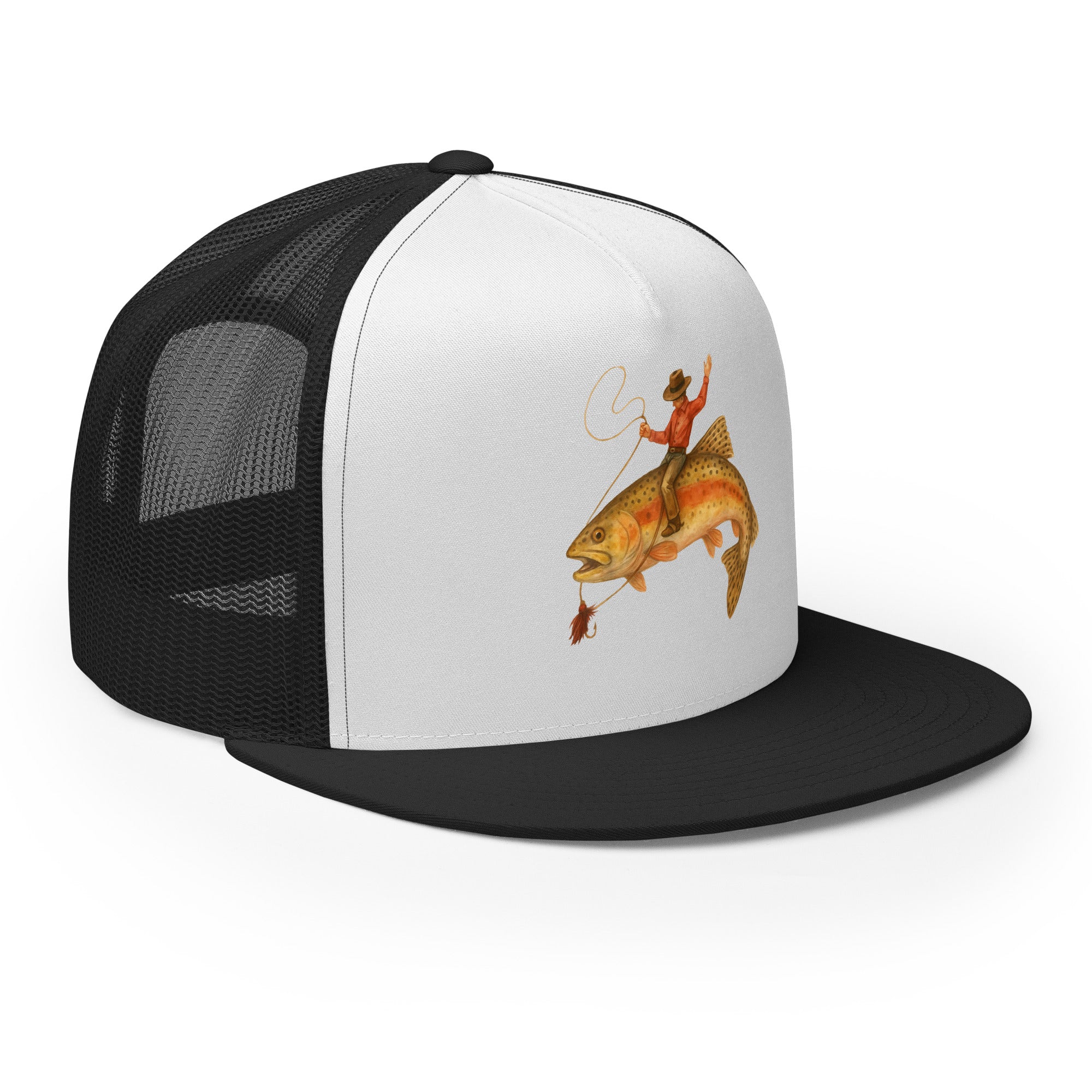 Side view white black fishing snapback hat flat bill 5 panel cap