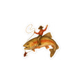 3x3 inch funny fishing vinyl sticker with cowboy riding a giant trout design