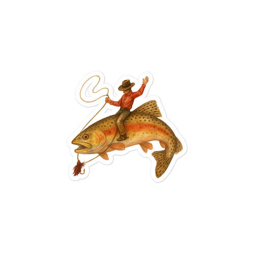 3x3 inch funny fishing vinyl sticker with cowboy riding a giant trout design