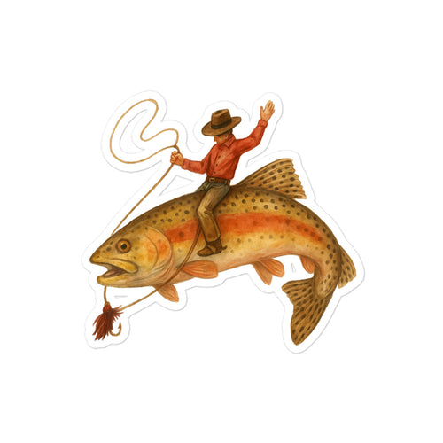 4x4 inch funny trout fishing decal sticker — cowboy rodeo trout kiss-cut vinyl