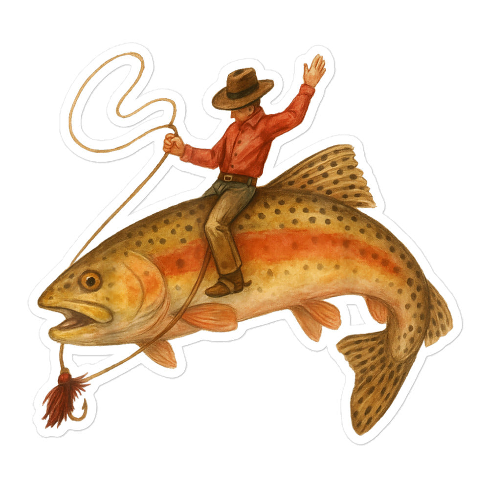 Large 5.5 inch funny fishing sticker cowboy riding trout — for trucks laptops tackle boxes