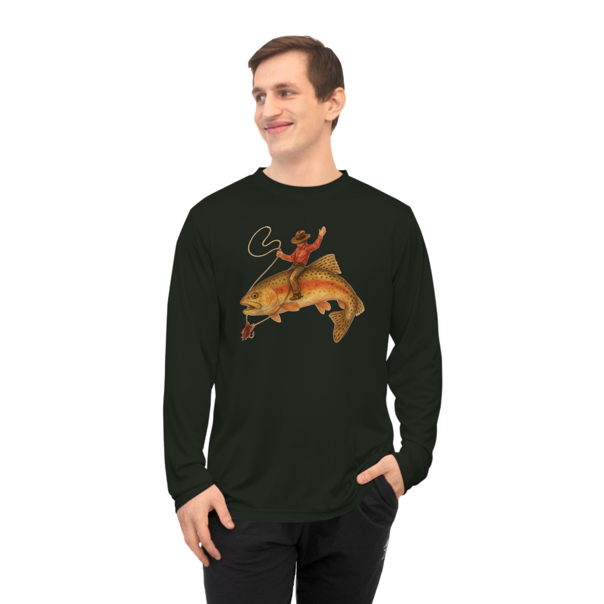 Men's black performance Fishing long sleeve shirt with funny cowboy trout graphic