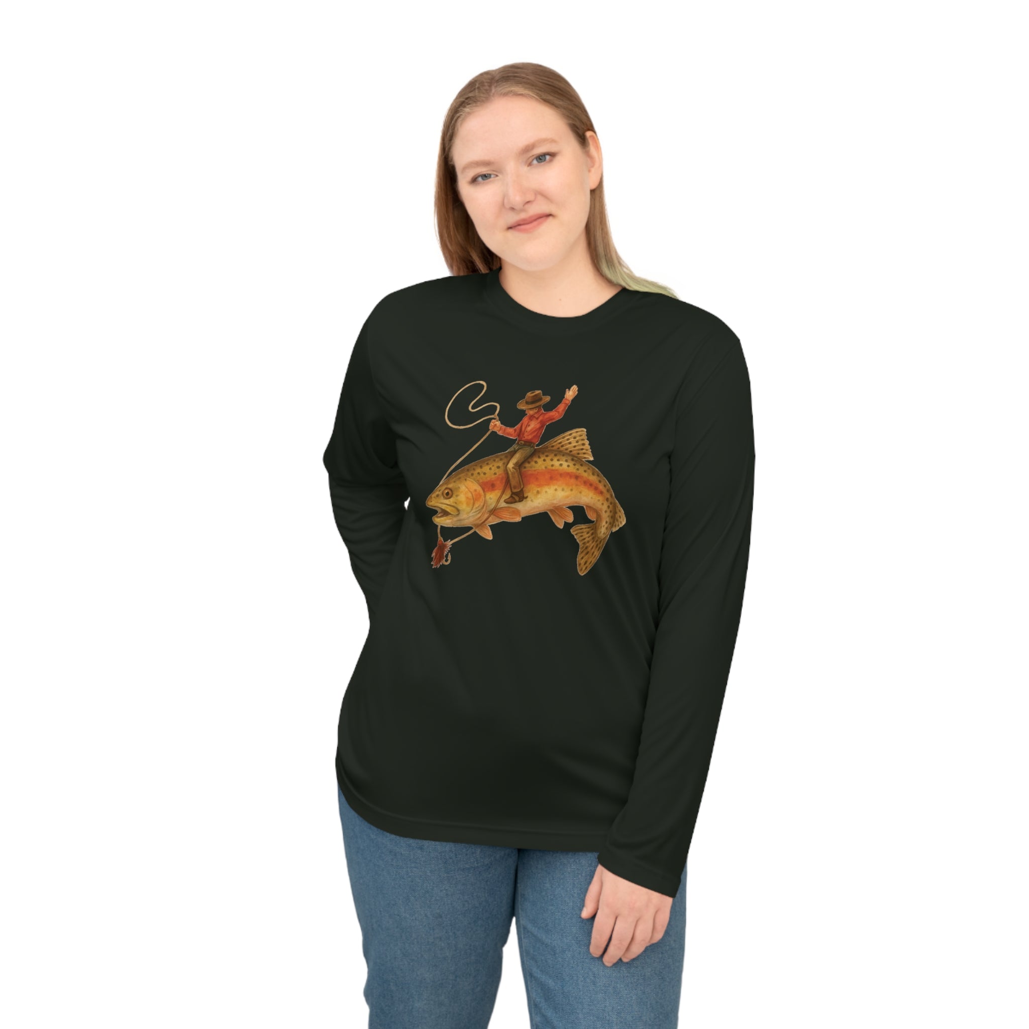 Women's black performance Fishing long sleeve shirt with cowboy riding trout design
