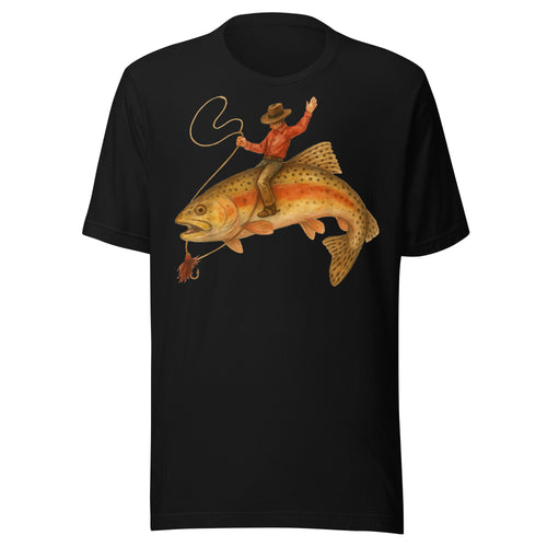 Black funny trout fishing tee featuring cowboy lassoing and riding a giant trout