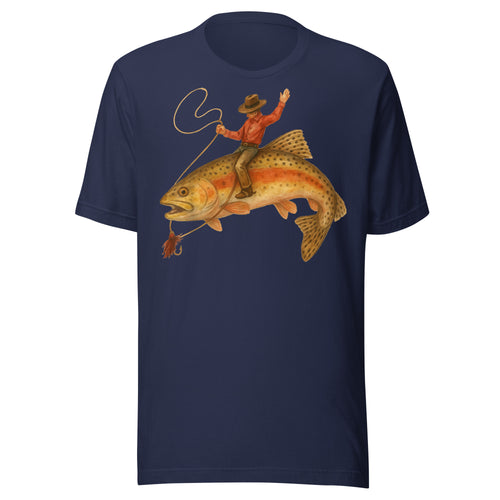 Navy funny trout fishing t-shirt with cowboy riding a trout rodeo graphic