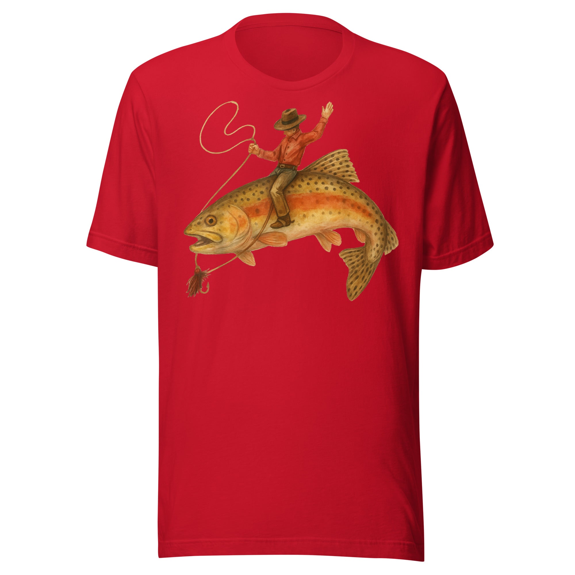 Red funny trout t-shirt with cowboy riding a trout — unique fishing gift for men