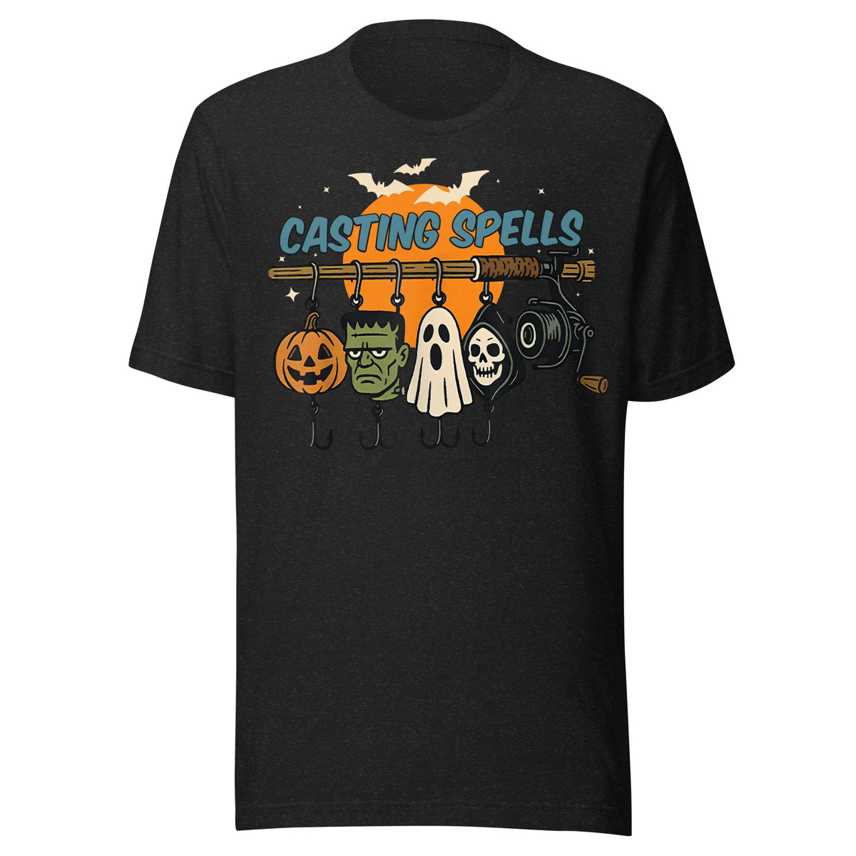Casting Spells Halloween fishing design on a black heather tee — pumpkin, Frankenstein, ghost, and Grim Reaper lures
