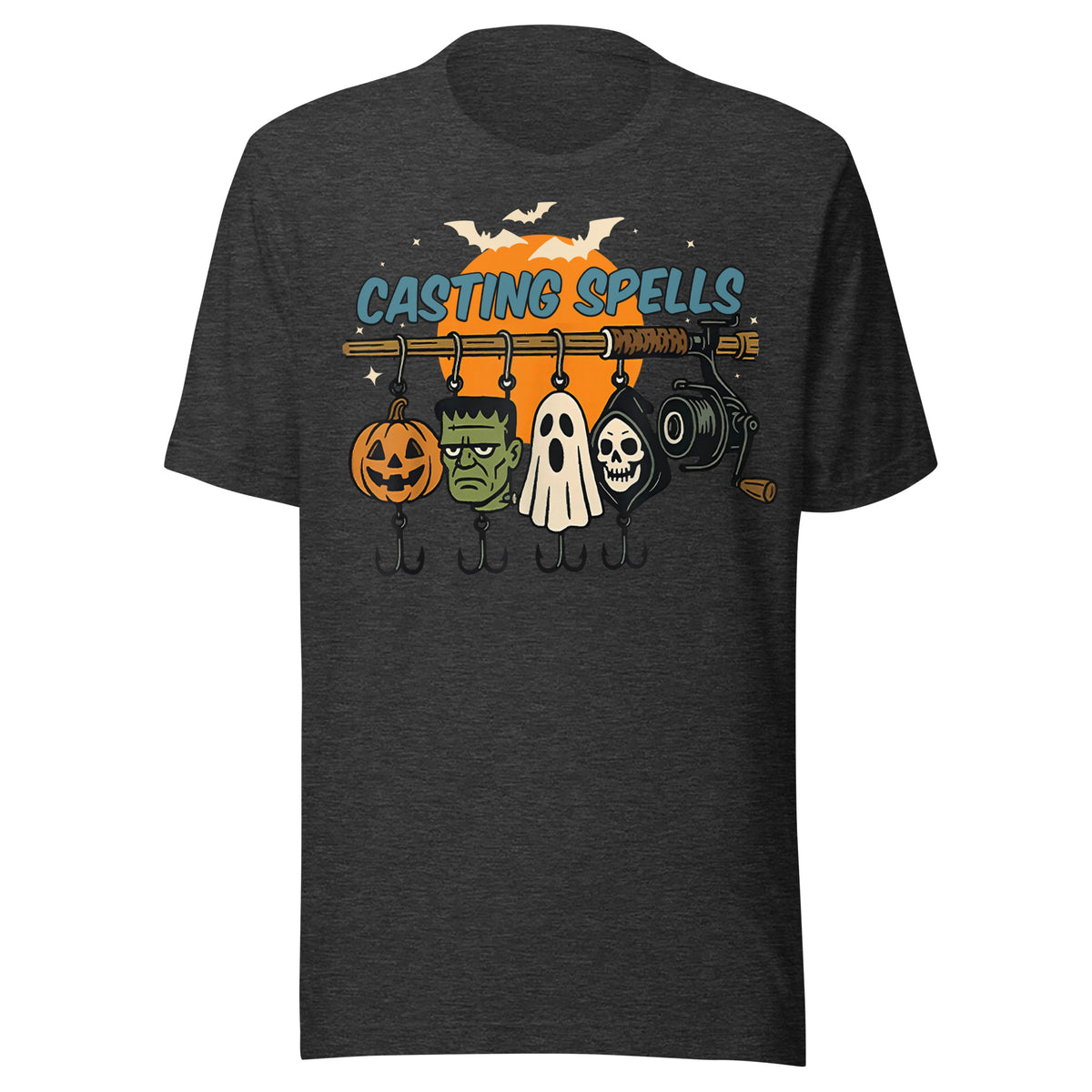 Dark gray heather short-sleeve shirt printed with the Casting Spells Halloween lure graphic