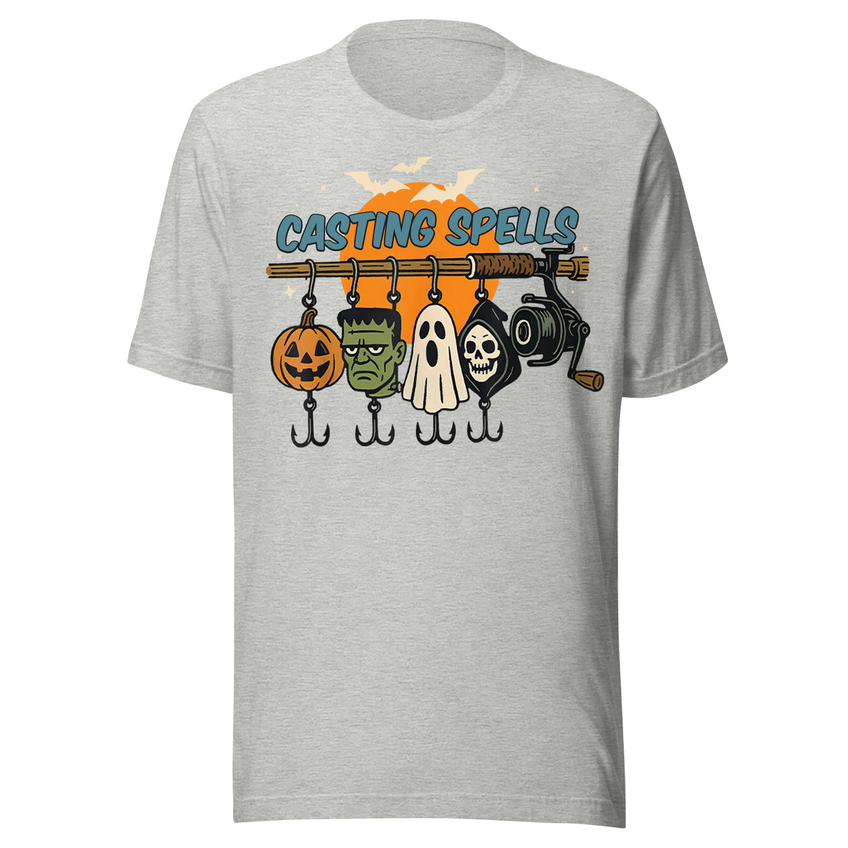 Gray heather fishing shirt featuring Halloween lure characters: pumpkin, Frankenstein, ghost, and reaper