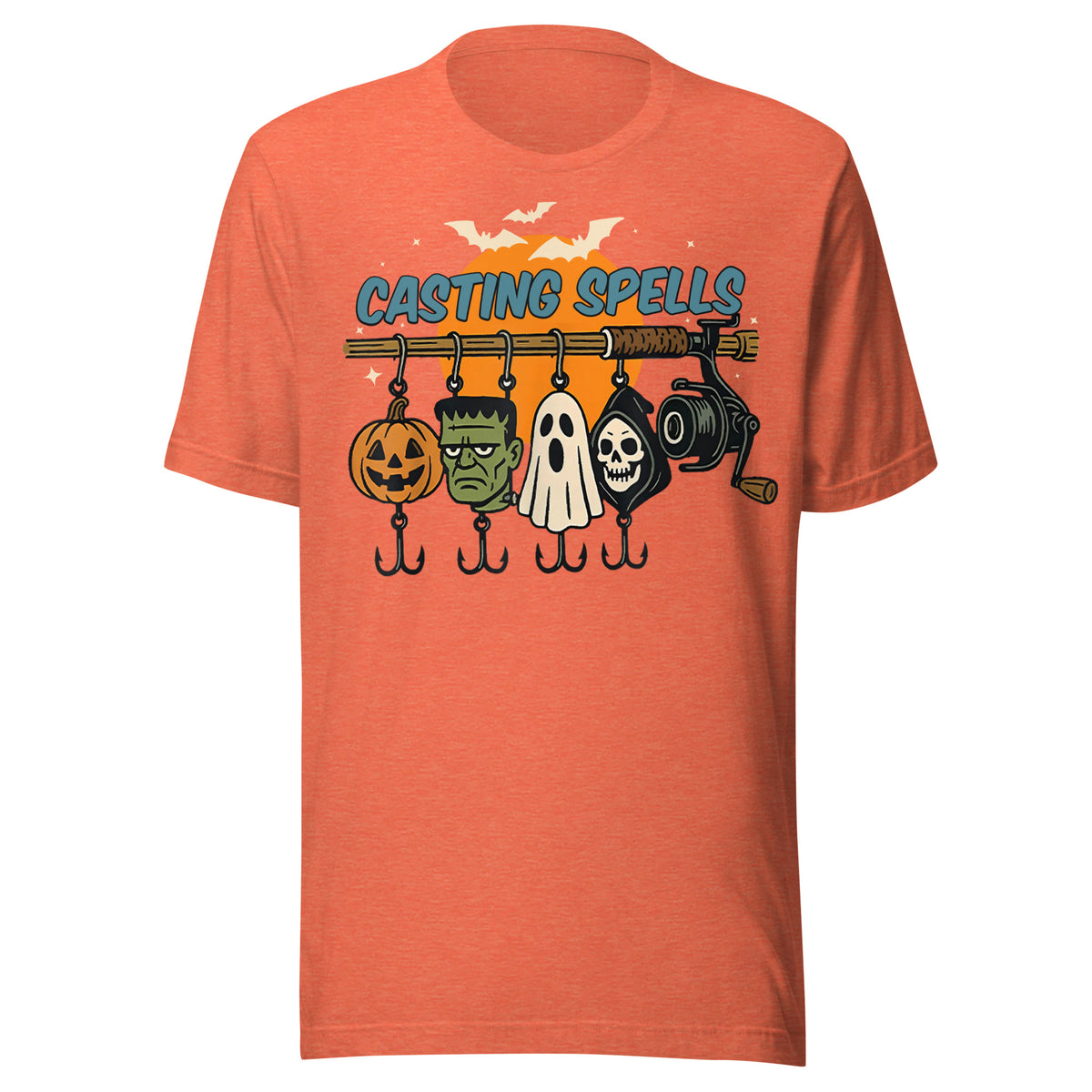 Orange heather fishing shirt matching the Halloween theme — ghost, pumpkin, Frankenstein, and reaper lures