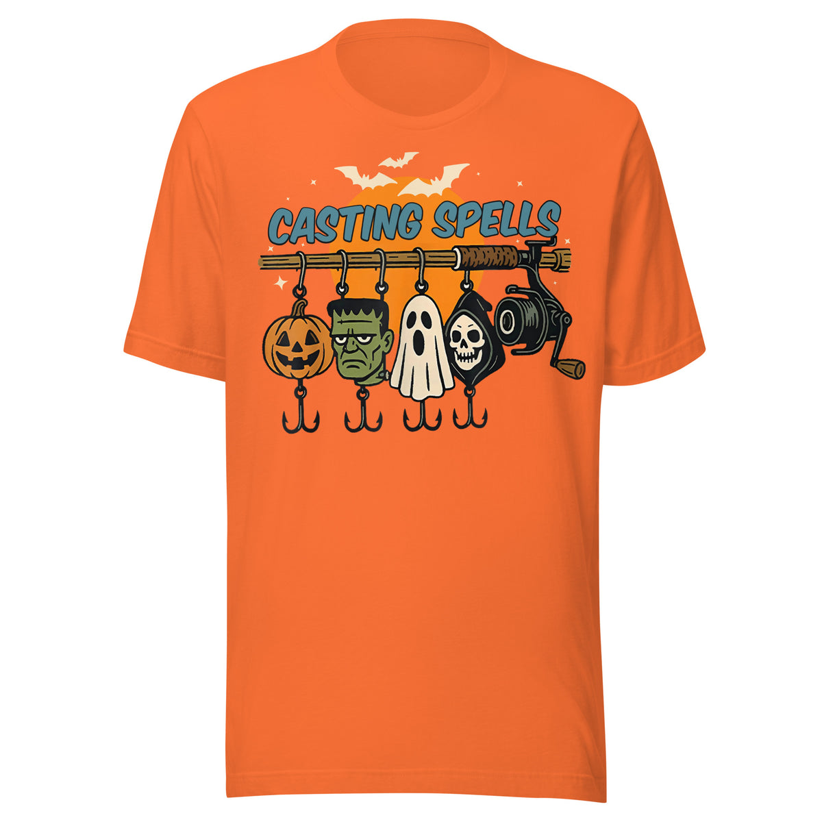 Orange Halloween-themed fishing t-shirt with pumpkin, ghost, Frankenstein, and reaper fishing lures