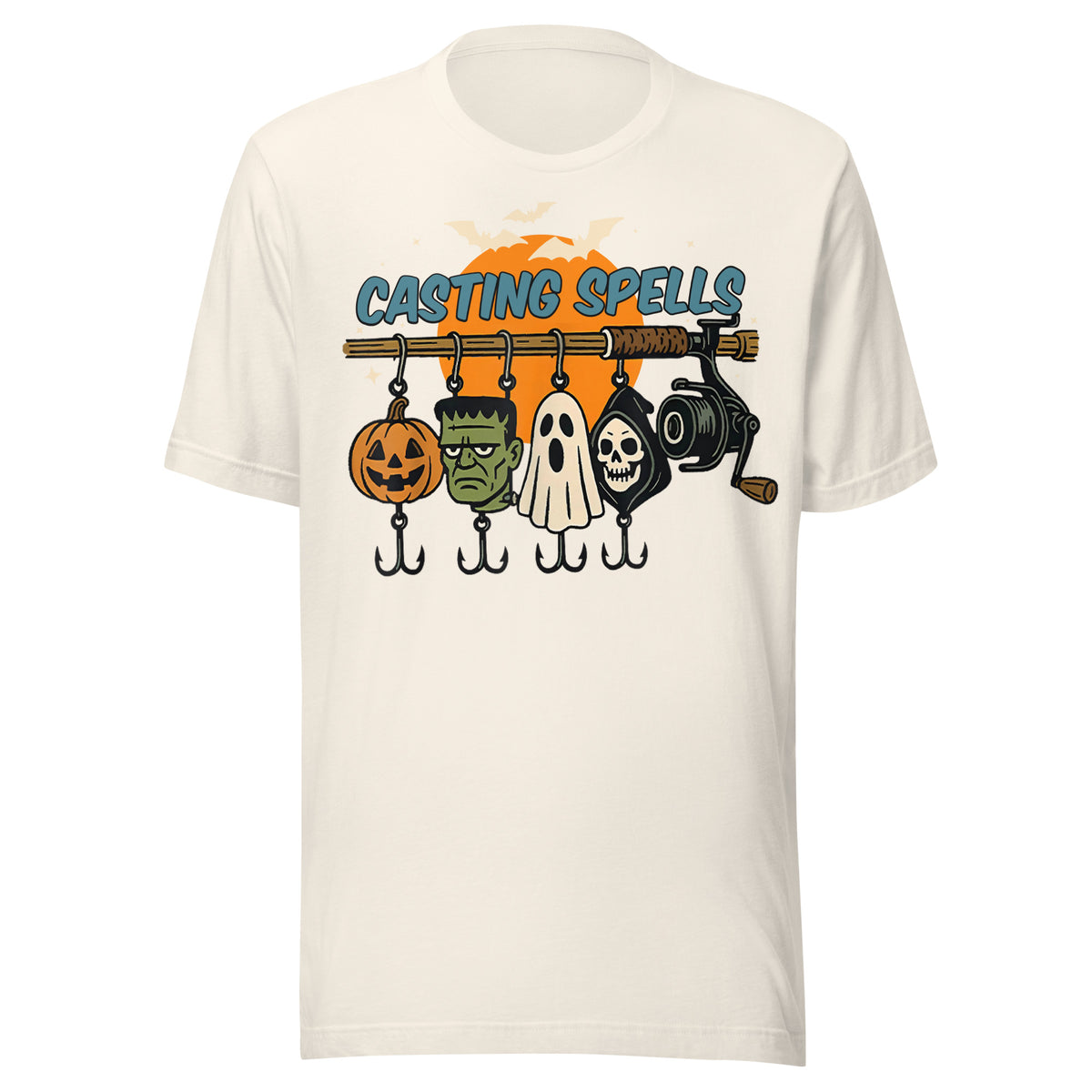 Vintage white fishing t-shirt featuring Frankenstein, ghost, pumpkin, and Grim Reaper lure characters