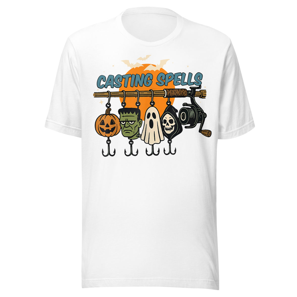 White tee printed with the Casting Spells design — pumpkin, ghost, Frankenstein, and Grim Reaper lures