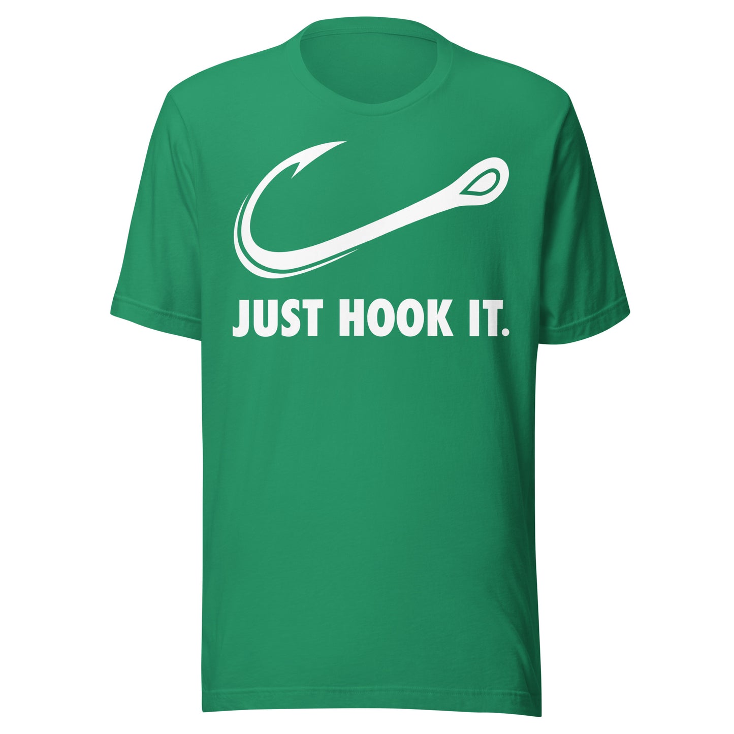 Kelly green Just Hook It fishing shirt, a fun and bold tee for those who love casting lines.