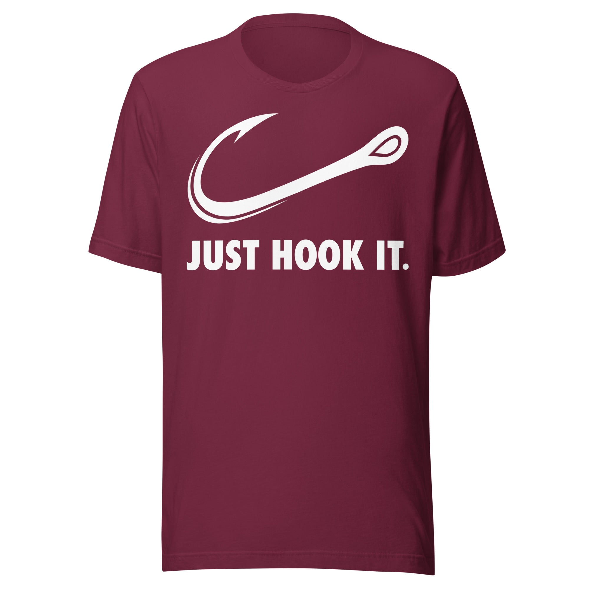 Maroon Just Hook It t-shirt featuring a sleek fishing hook design, great for casual wear and fishing trips.