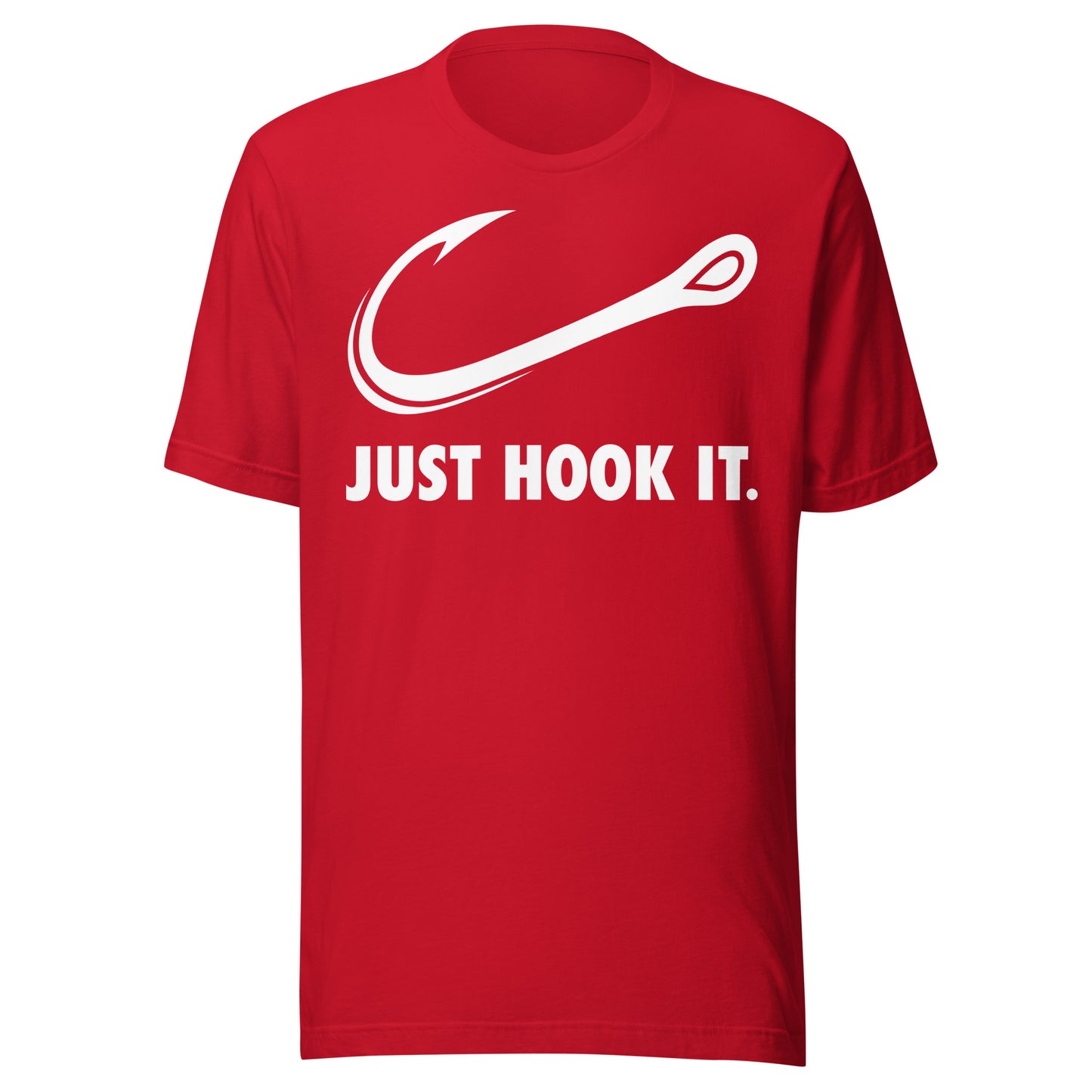 Red Just Hook It fishing graphic tee with a sharp hook print, ideal for fishermen who love the sport.