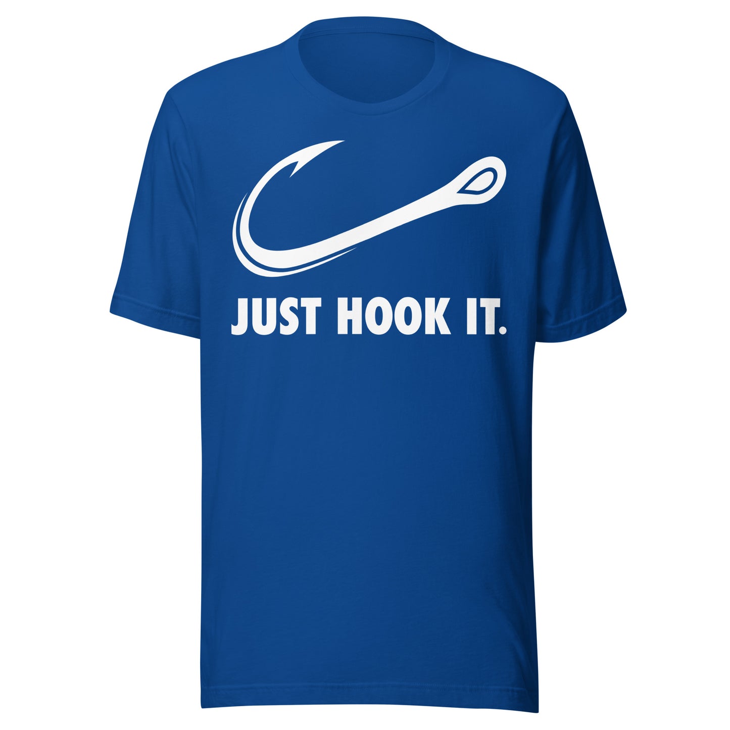 Royal blue Just Hook It shirt with a stylish fishing hook design, a must-have for any angler.