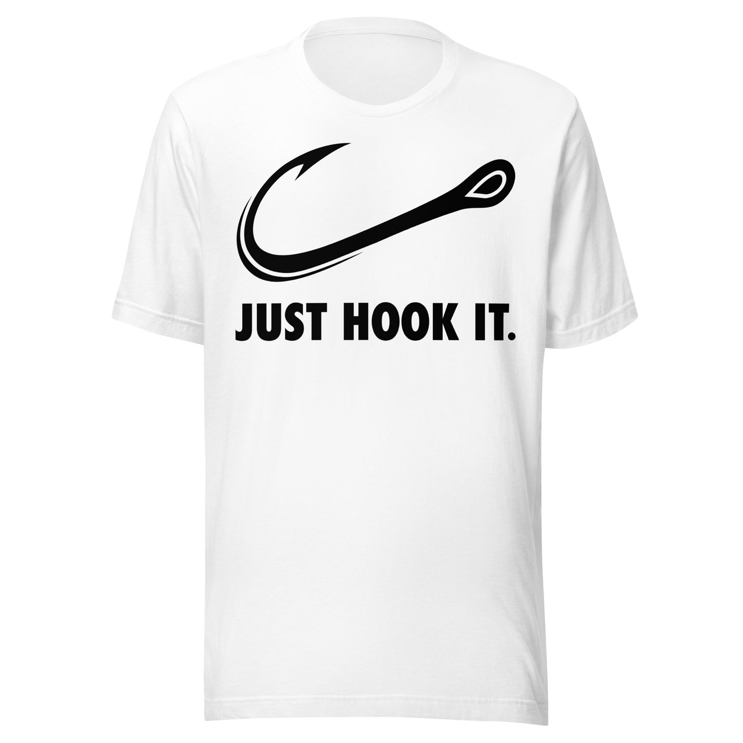White Just Hook It fishing shirt with a bold hook design, perfect for anglers and fishing enthusiasts.