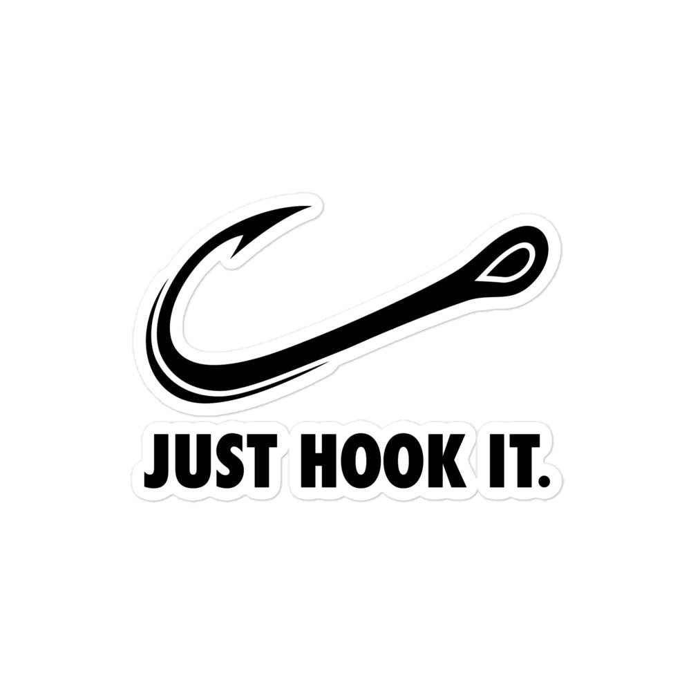 4x4 Just Hook It sticker featuring a sharp fishing hook graphic, great for anglers and fishing enthusiasts.
