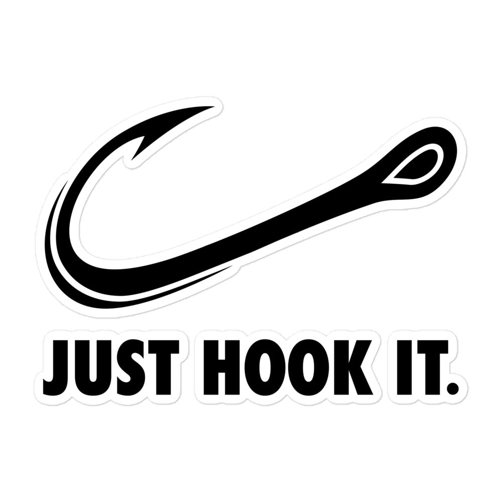 5.5x5.5 Just Hook It fishing decal with a fun hook design, ideal for decorating laptops, cars, and gear.