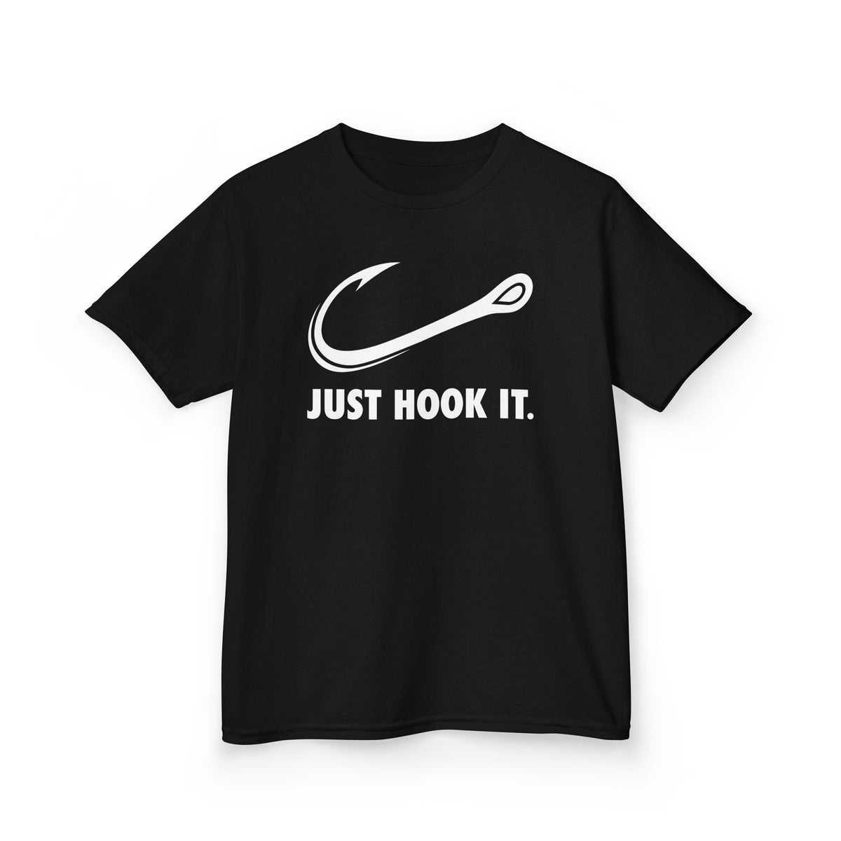 Black youth fishing shirt with Just Hook It hook graphic for boys and girls