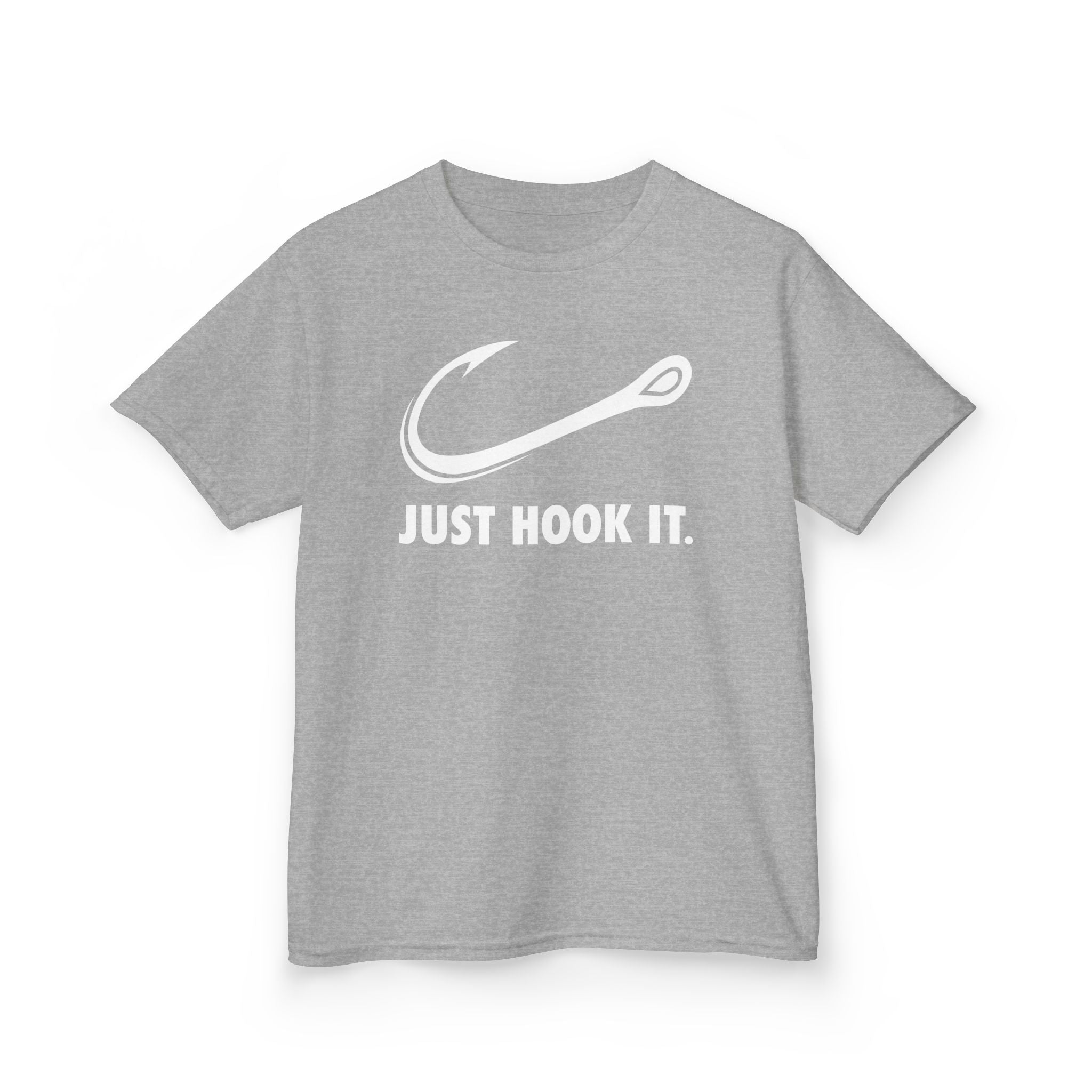 Heather grey youth fishing shirt with hook design for active children