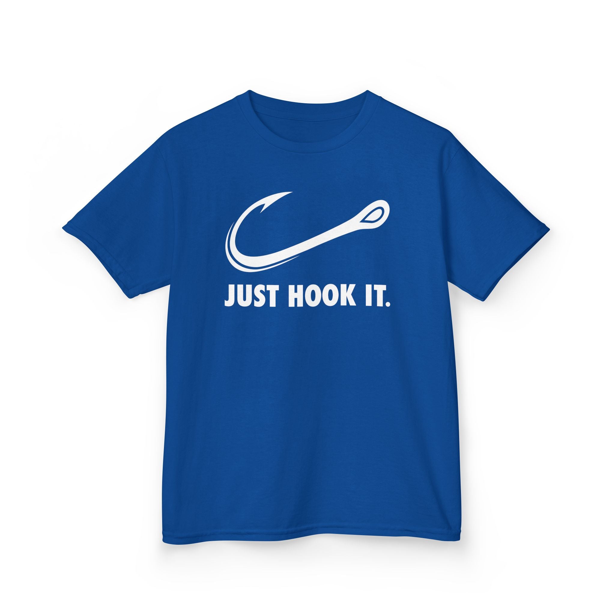 Royal blue kids fishing shirt with Just Hook It slogan for young anglers