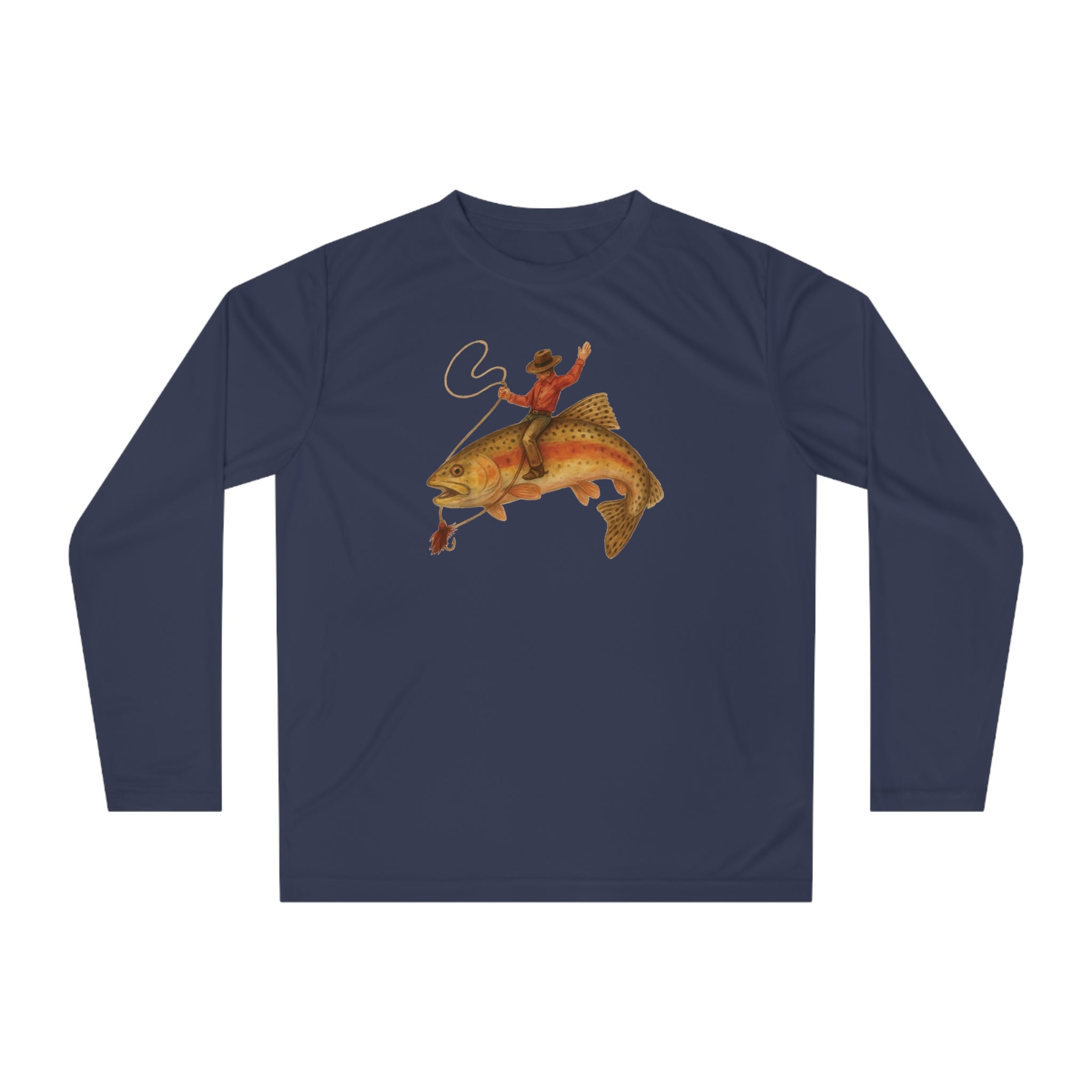 Navy long sleeve UPF 40 fishing shirt with funny cowboy trout rodeo graphic
