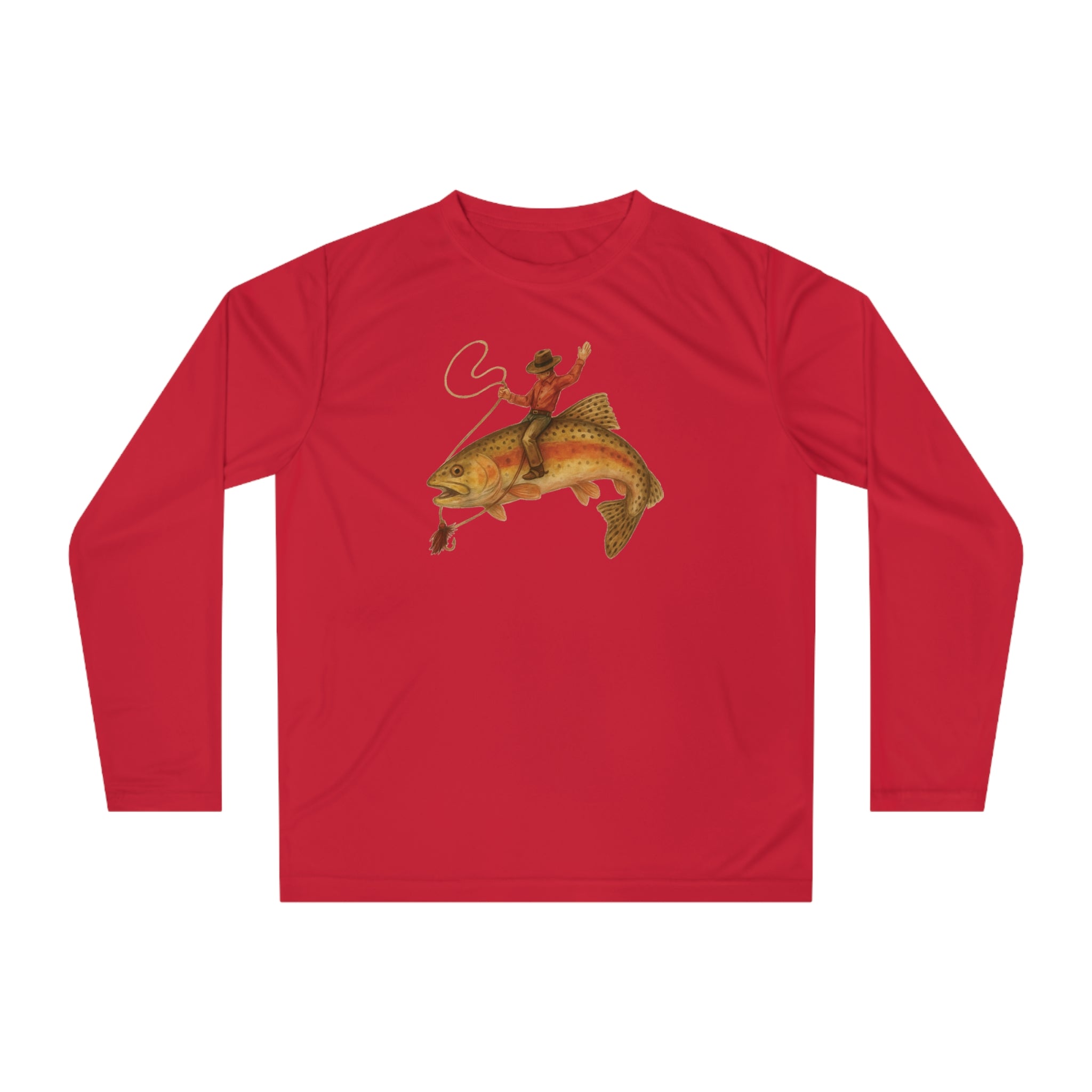 Red UPF 40 long sleeve fishing shirt with funny cowboy trout graphic for anglers