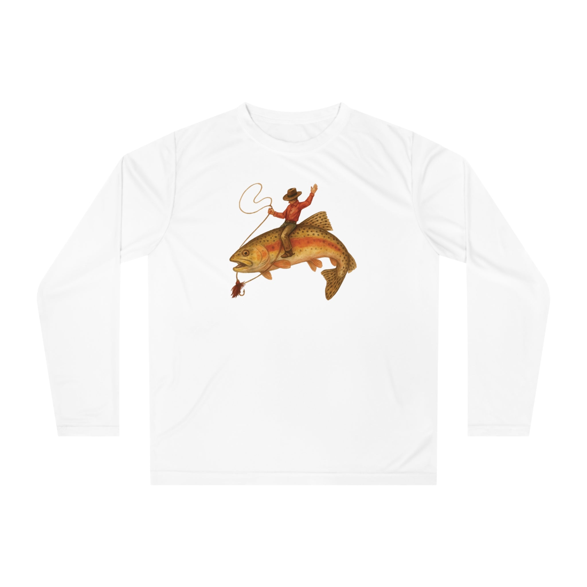 White UPF 40 long sleeve performance fishing shirt with cowboy riding a trout print