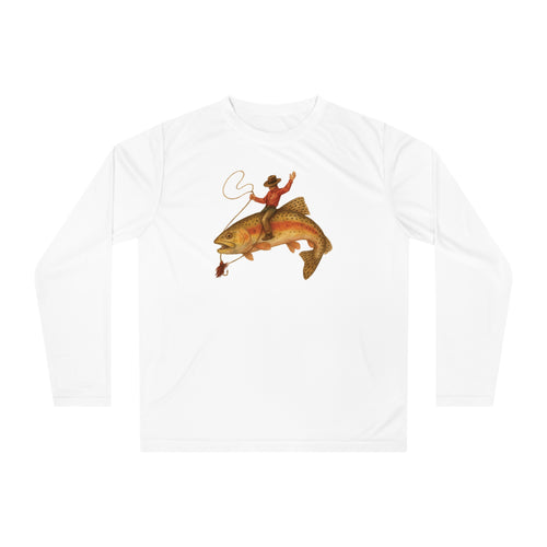 White UPF 40 long sleeve performance fishing shirt with cowboy riding a trout print