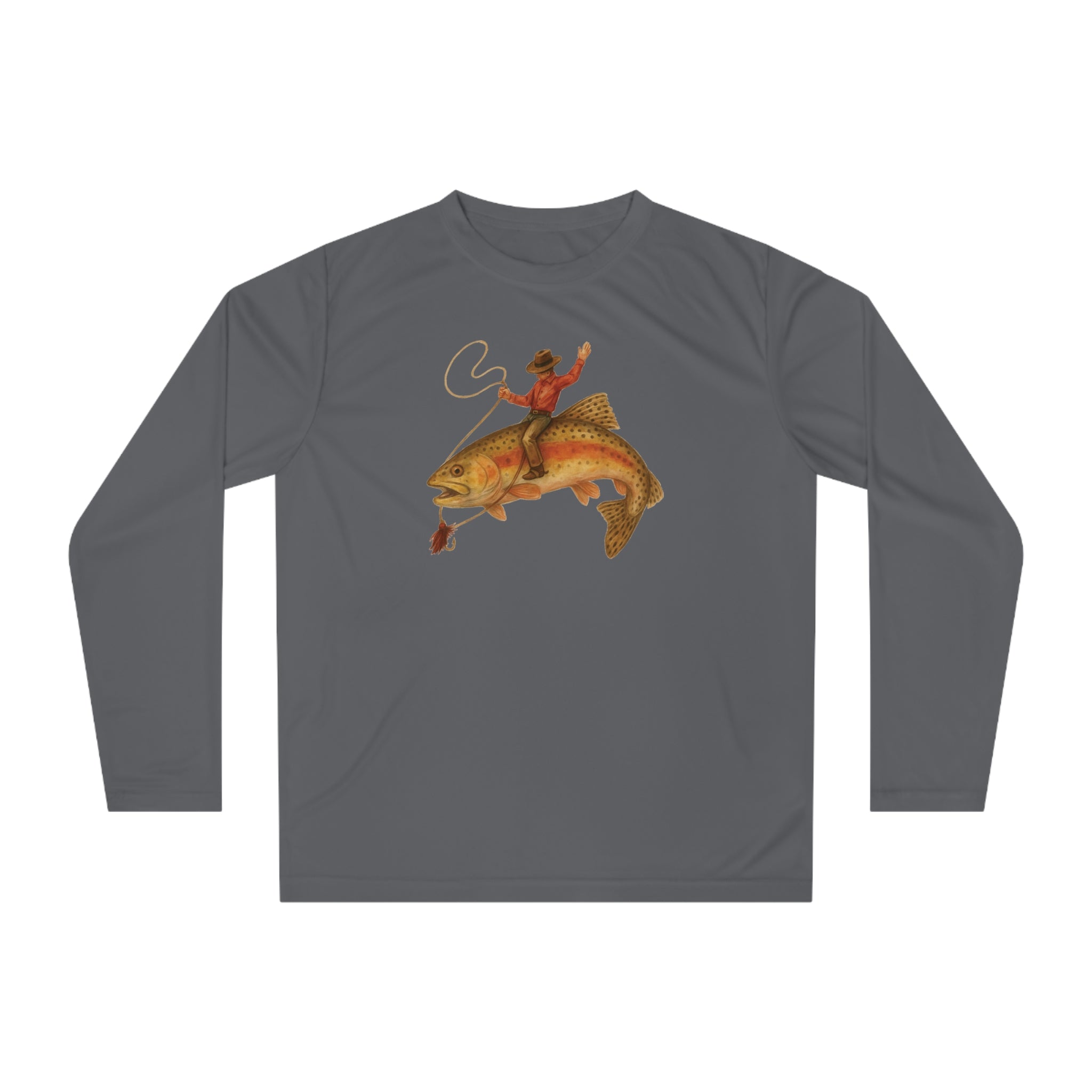 Graphite long sleeve performance fishing shirt UPF 40 cowboy riding trout design