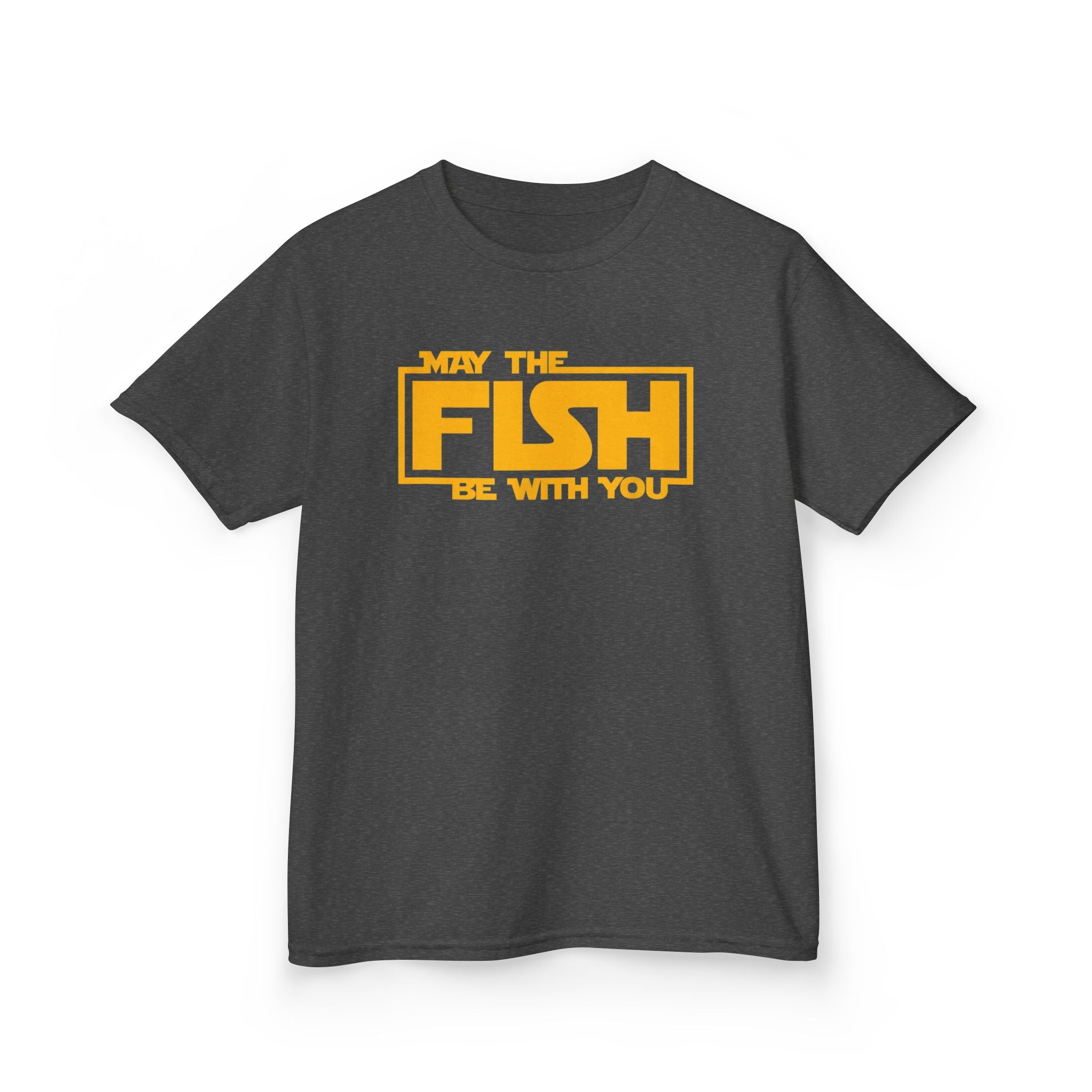  kids fishing shirt in dark grey heather with May The Fish Be With You design for outdoor youth
