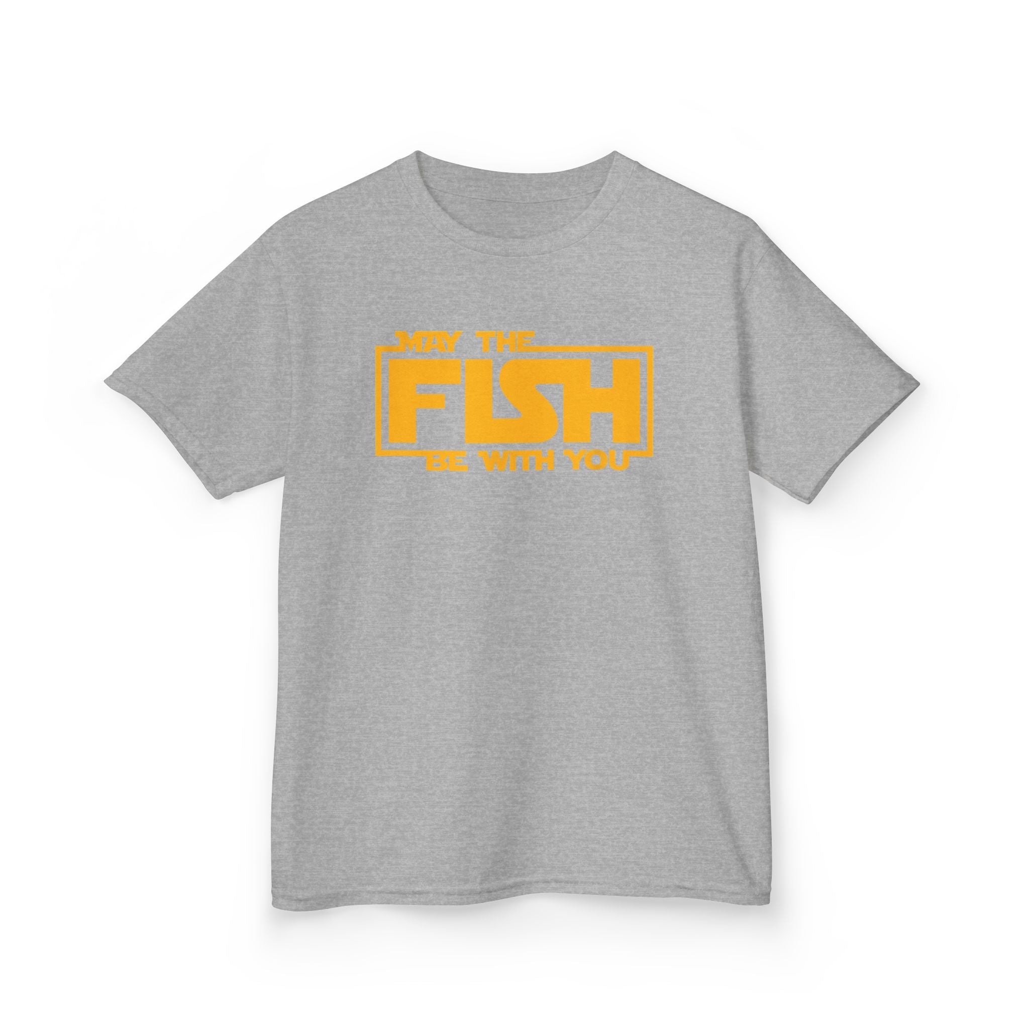 Heather grey youth fishing tee with May The Fish Be With You design