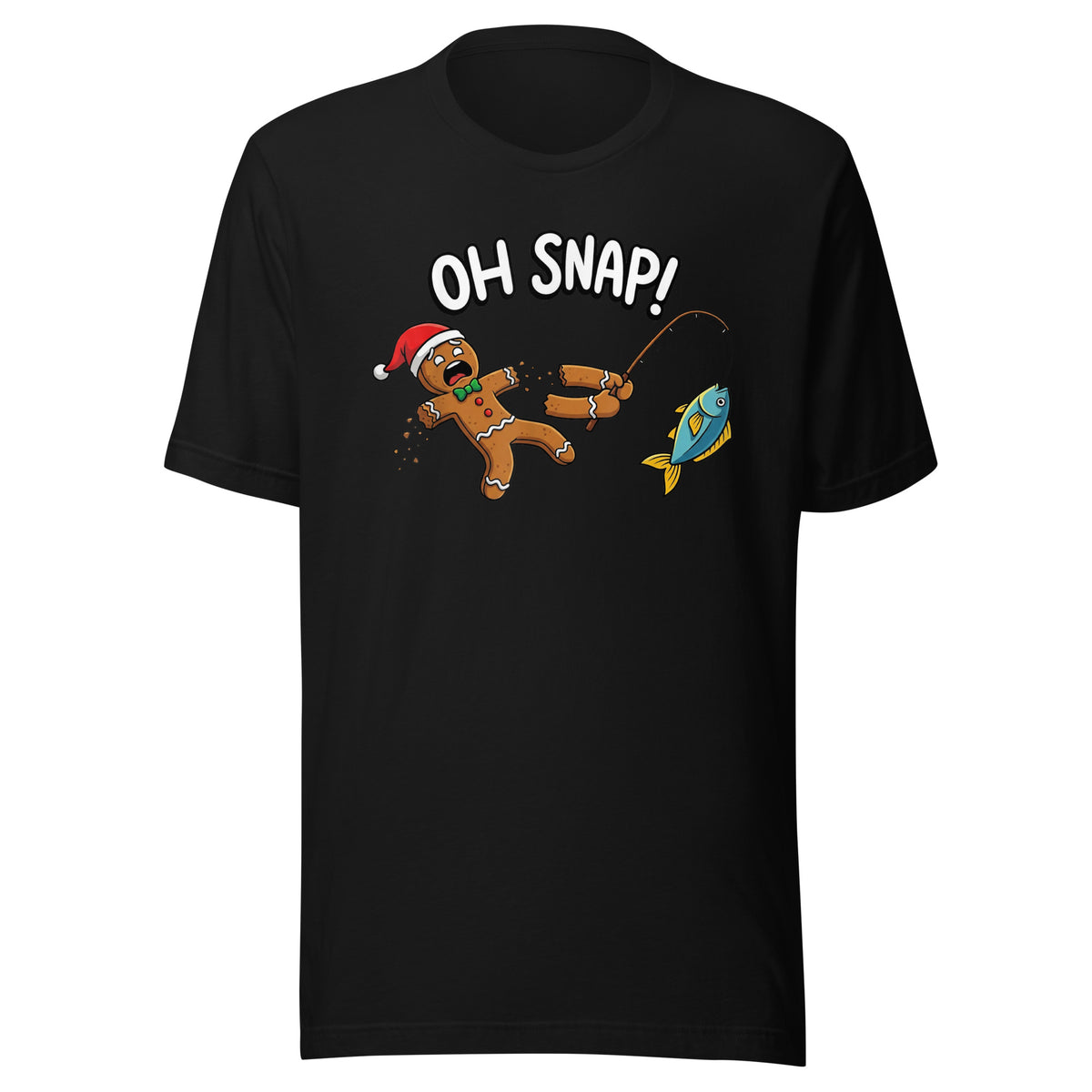 Black Oh Snap gingerbread fishing shirt, funny Christmas tee with a gingerbread man and fish