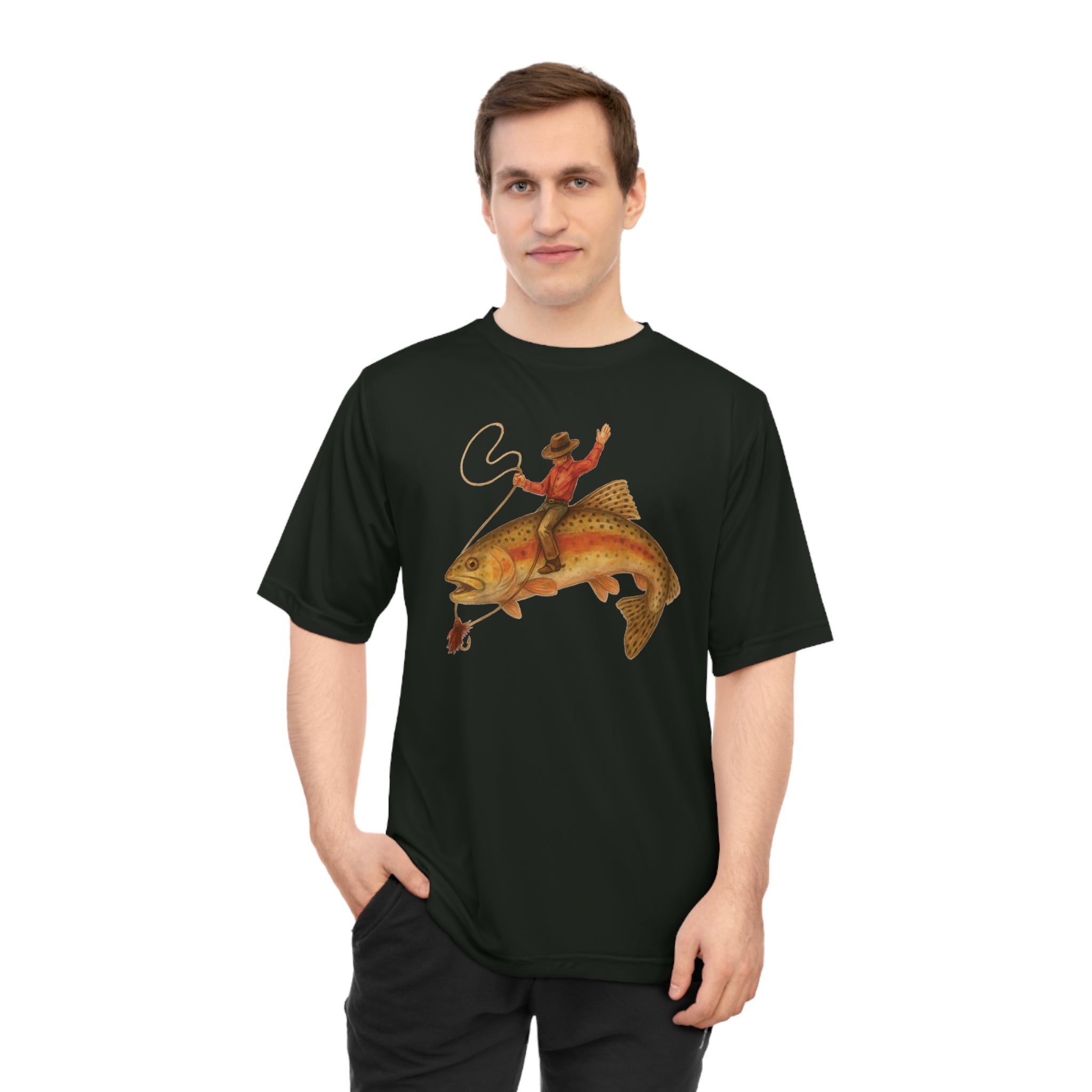 Men's black UPF 40 short sleeve performance fishing shirt cowboy riding trout design