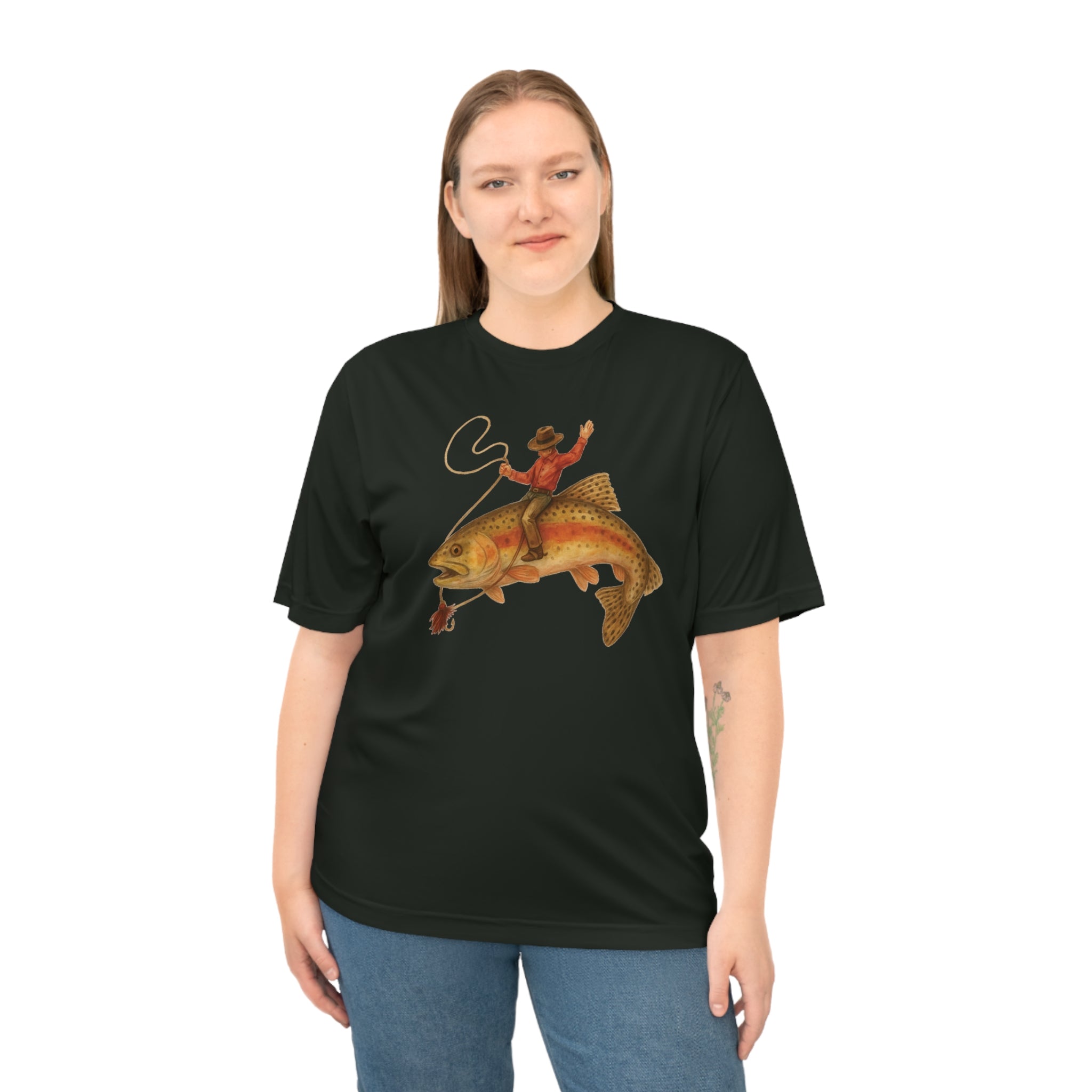 Women's black UPF 40 short sleeve performance fishing shirt with cowboy riding trout graphic