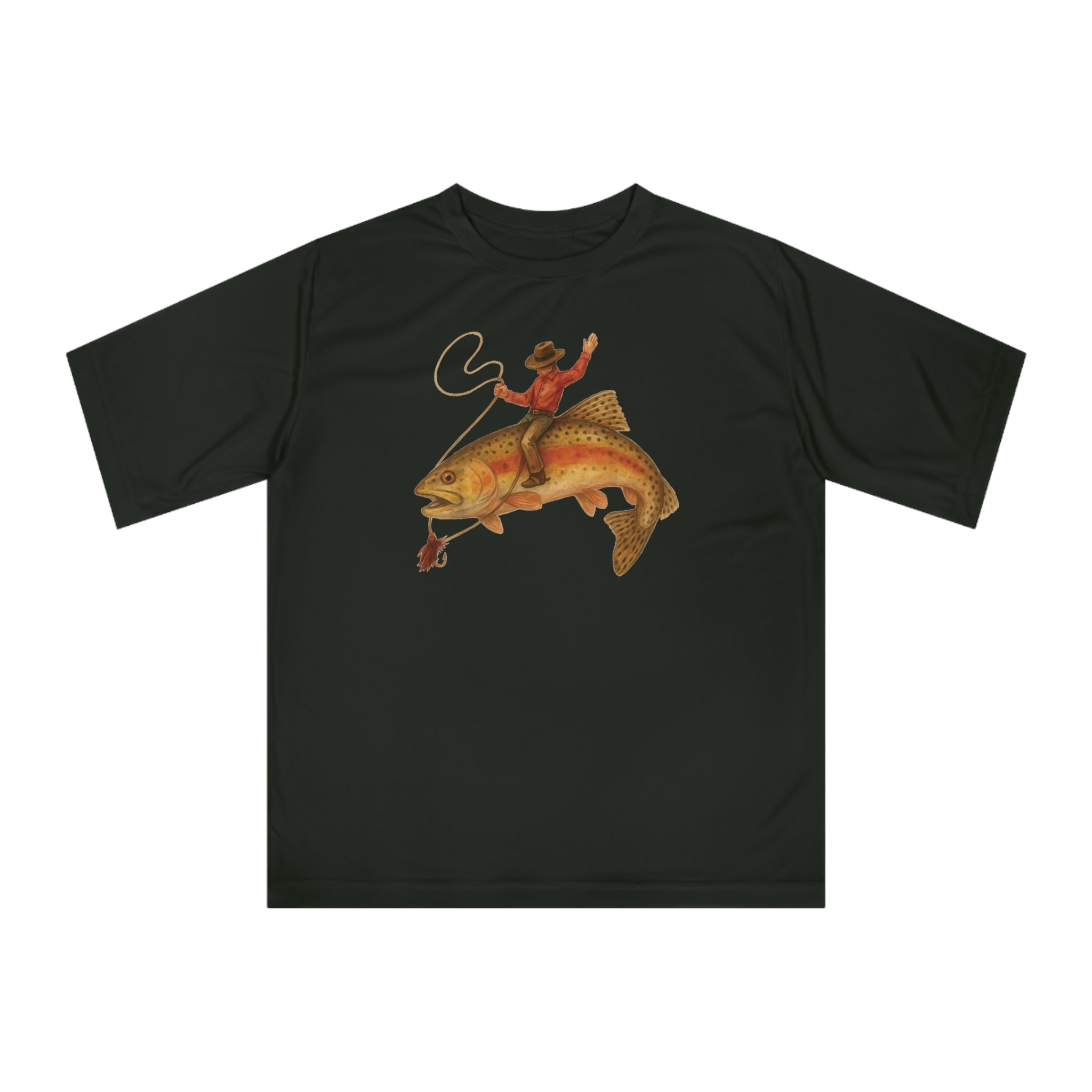 Black performance fishing shirt with a cowboy riding a trout graphic
