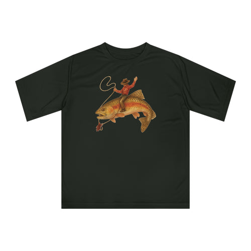 Black performance fishing shirt with a cowboy riding a trout graphic