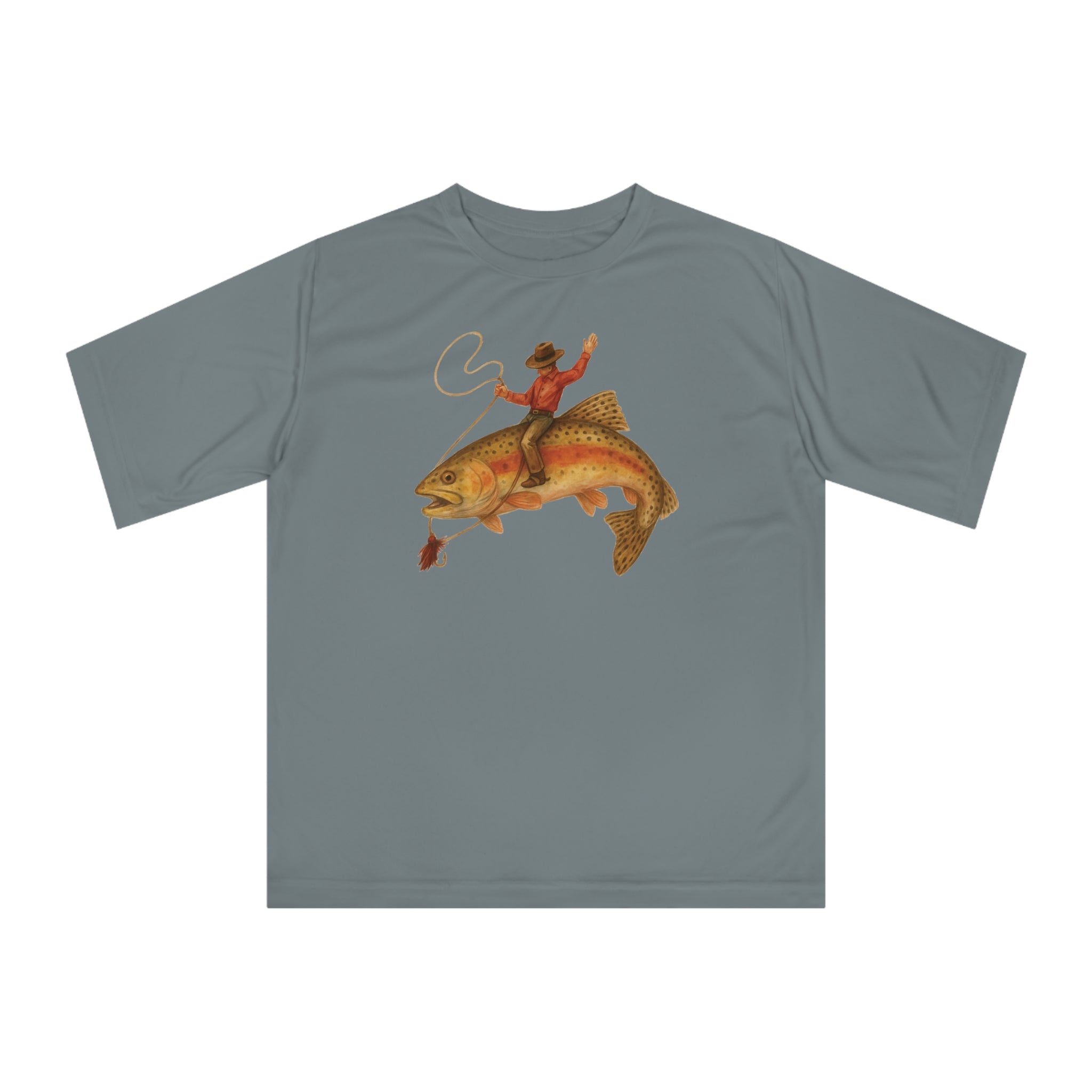 Graphite moisture-wicking performance fishing shirt UPF 40 cowboy trout design