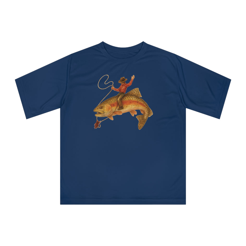 Navy short sleeve UPF 40 performance fishing shirt with funny cowboy trout print